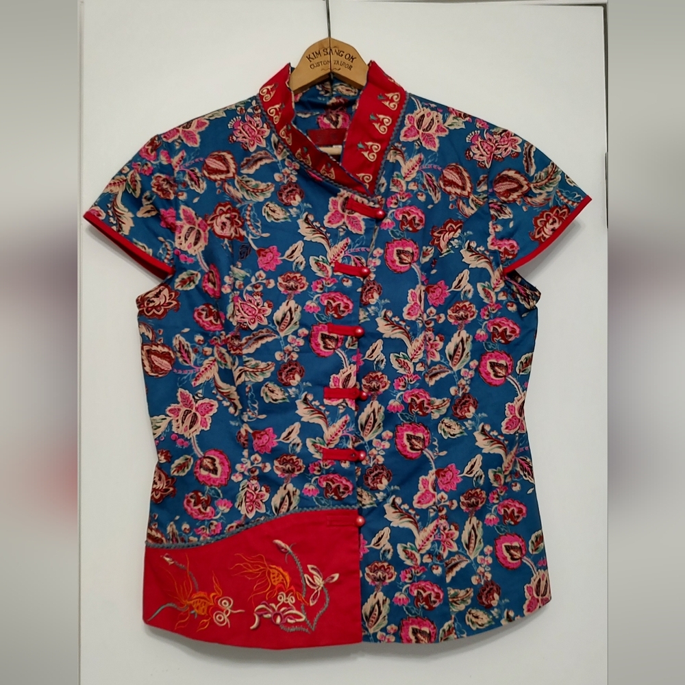 Blue embroidered Asian button tunic